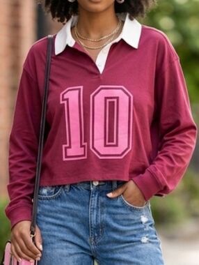 Mighty Fine Burgundy Long Sleeve Shirt with Pink Number 10 Size L